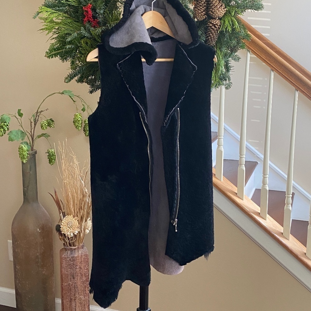 Italian Handmade Sheepskin Full Zip Vest Asymmetrical Hem and Hoodie Size XS / S